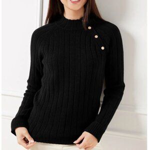 Talbots Ribbed Button Mockneck Sweater Black - NWOT